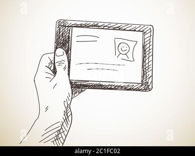 Hand hält ein Tablett, handgezeichnete Illustration, Vektorskizze Stock Vektor