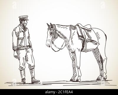 Skizze von Polizist und Pferd, handgezeichnete Illustration Stock Vektor