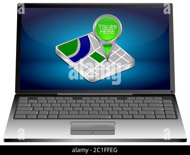 Laptop-Computer mit grün Sie sind hier Kartenzeiger auf blauem Desktop - 3D-Illustration Stockfoto