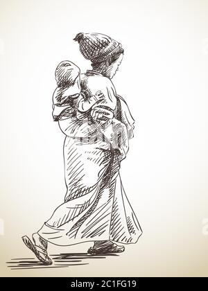 Skizze der Frau trägt Baby auf ihrem Rücken, handgezeichnete Illustration Stock Vektor