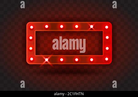 Retro ZEIGEN ZEIT Rechteck Rahmen Zeichen realistische Vektor-Illustration. Roter rechteckiger Rahmen mit Glühbirnen für Performance, Kino, Unterhaltung Stock Vektor