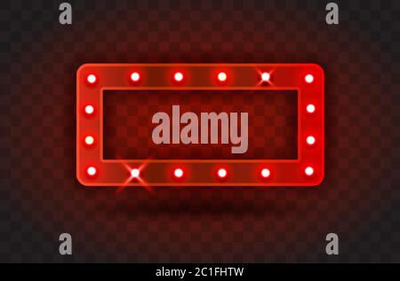 Retro ZEIGEN ZEIT Rechteck Rahmen Zeichen realistische Vektor-Illustration. Roter rechteckiger Rahmen mit Glühbirnen für Performance, Kino, Unterhaltung Stock Vektor
