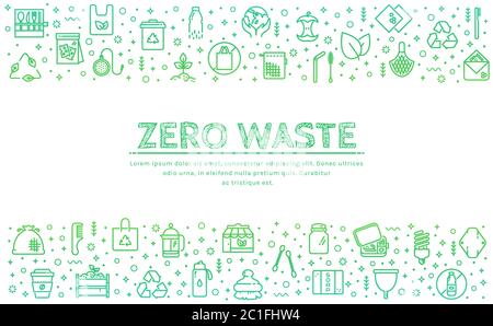 Zero Waste Banner. Recycling, wiederverwendbare Artikel, Kunststoff frei, speichern Sie den Planeten und Öko-Lifestyle-Themen. Vektor horizontaler Hintergrund mit Platz für Text Stock Vektor