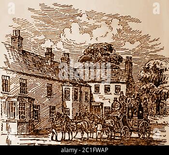 Eine historische Skizze des Greyhound Inn in Ferrybridge, Yorkshire, Großbritannien, eines von drei alten Coaching-Gasthäusern in der Stadt. Die anderen sind der Schwan und der Engel. Der Greyhound überlebte die anderen beiden in der Beibehaltung seiner Lizenz. Obwohl ein Teil davon in private Wohnungen umgewandelt wurde. Mary Moody, im Jahr 1803 nahm ihren Schwiegersohn, Samuel Rusby, in Partnerschaft. Rusby war früher ein Wein-und Spirituose-Kaufmann in Pontefract in Partnerschaft mit Edward Trueman. Nach dem Tod seiner Schwiegermutter führte er das Geschäft weiter und horchte die Rockingham und die Express-Trainer. Stockfoto