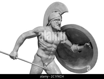Krieger in Helm Statue isoliert auf weißem Hintergrund Stockfoto