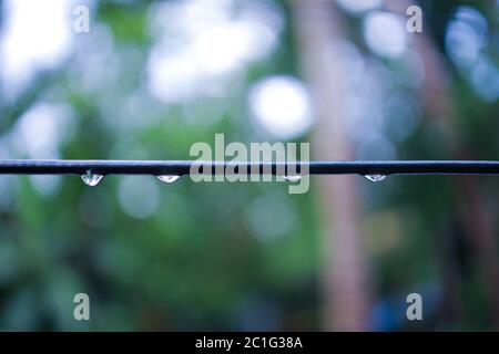 Eine Reihe von vielen regen Tröpfchen auf einer schwarzen Kabellinie in regnerischen Tag mit verschwommenem grünen Natur Hintergrund und Bokeh Licht.verschwommener Hintergrund mit Bokeh Stockfoto