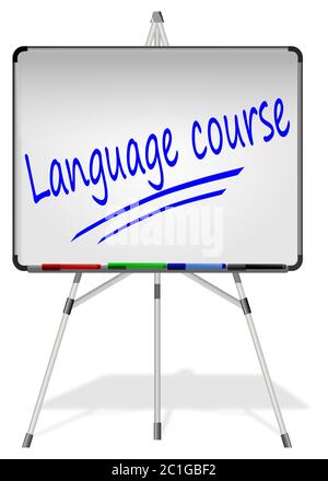 Whiteboard mit Sprachkurs - 3D-Darstellung Stockfoto