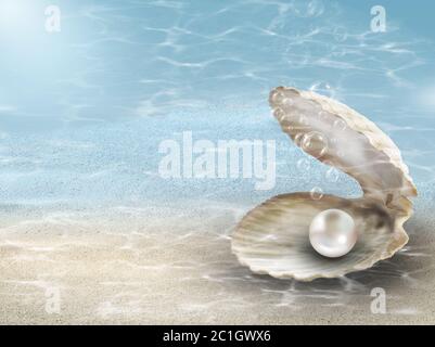 Perle in Austernschale unter Meereswellen - Illustration kombiniert mit Foto - konzeptuelles Bild Stockfoto