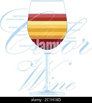 Ein Glas Wein über Text Kennzeichnung und Demonstration durch eine Farbe Schichten die verschiedenen Arten der rote und weiße Weine & ihre Farbe. Stock Vektor