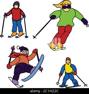 Ski Zeichentrickfiguren, Erwachsene und Kinder mit Ski & Stöcke in einer Grafik Line flach Farbe Stil Stock Vektor