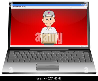 Laptop-Computer mit freundlichem Kurier liefert ein Paket auf rotem Desktop - 3D-Illustration Stockfoto