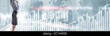 Double Exposure globalen Weltkarte auf Unternehmen finanzielle Börsenhandel Hintergrund Stockfoto