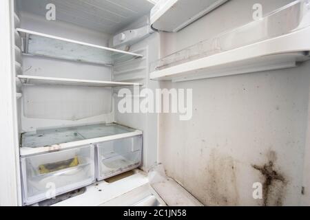 Alte benutzten schmutzige Kühlschrank mit Schimmel im Alter von Junk Stockfoto