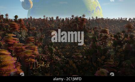 Alien Planetenlandschaft, schöner exotischer Wald auf einer fernen Welt Stockfoto