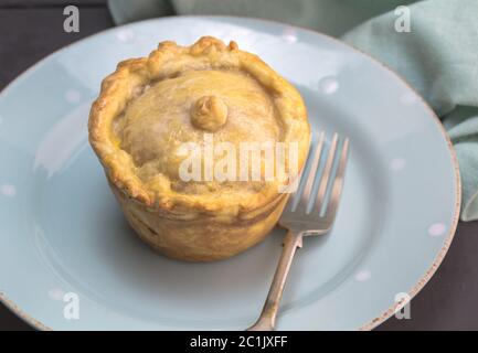 Fleischkuchen auf kleinem Teller aus der Nähe - urig hausgemachte einzelne kleine Kuchen Hintergrund mit selektiven Focu Stockfoto