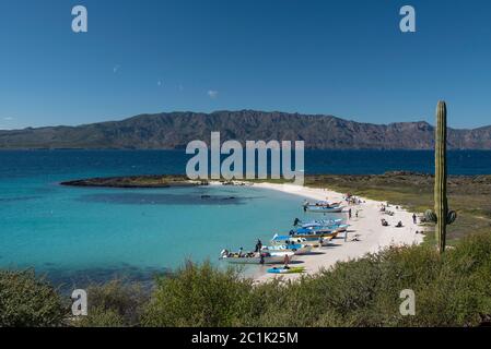 Einige Boote an einem kleinen Strand in Coronado Island, Loreto, Baja California. Stockfoto