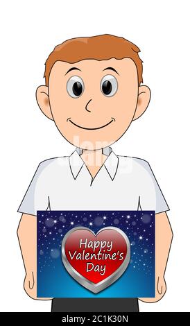 Junger Mann hält mit weißem Hemd ein Happy Valentine's Day Karte â €" Illustration Stockfoto