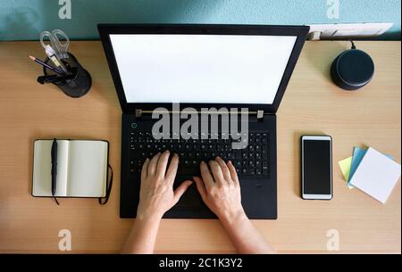Unkenntliche Frau schreibt auf ihrem Laptop an einem Schreibtisch in Ihr Zuhause Stockfoto
