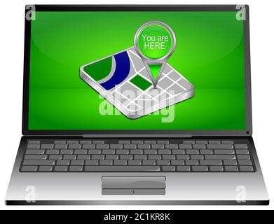 Laptop-Computer mit grün Sie sind hier Kartenzeiger auf grünem Desktop - 3D-Illustration Stockfoto