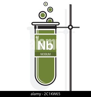 Niob-Symbol auf dem Etikett in einem grünen Reagenzglas mit Halter. Elementnummer 41 des Periodensystems der Elemente - Chemie Stock Vektor