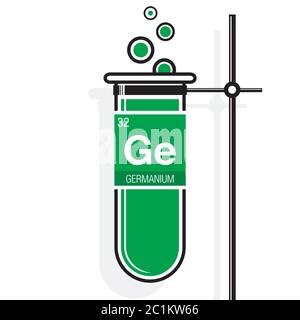 Germanium-Symbol auf dem Etikett in einem grünen Reagenzglas mit Halter. Elementnummer 32 des Periodensystems der Elemente - Chemie Stock Vektor