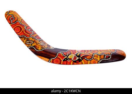 Traditioneller australischer Bumerang isoliert auf weißem Hintergrund Stockfoto