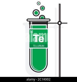 Tellurium-Symbol auf dem Etikett in einem grünen Reagenzglas mit Halter. Elementnummer 52 des Periodensystems der Elemente - Chemie Stock Vektor