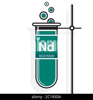 Neodym-Symbol auf dem Etikett in einem grünen Reagenzglas mit Halter. Elementnummer 60 des Periodensystems der Elemente - Chemie Stock Vektor