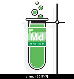 Mendelevium-Symbol auf dem Etikett in einem grünen Reagenzglas mit Halter. Elementnummer 101 des Periodensystems der Elemente - Chemie Stock Vektor