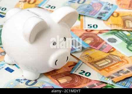 Sparschwein mit Euro-Bargeld in der Nähe Stockfoto