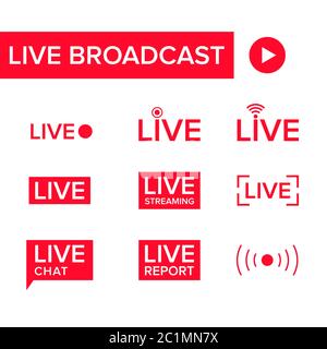 Sammlung von Vektorgrafiken von Symbolen für Live-Übertragungen. Geeignet für Design-Elemente von TV-Shows, Video-Broadcast-Kanäle und Live-News-Berichte. Stock Vektor
