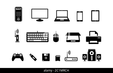 Vektordarstellung von Computerhardware, wie Monitor, Drucker, Tastatur. Geeignet für grafische Elemente von Computern für Büroarbeiten Stock Vektor