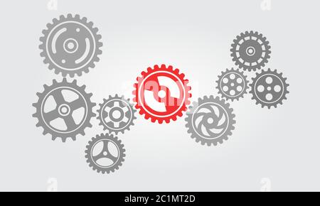 Einfaches Symbol aus einer Reihe von Arbeitszahnradmaschinen. Abbildung eines Getriebes, das in Harmonie für einen Arbeitsprozess arbeitet. Stock Vektor