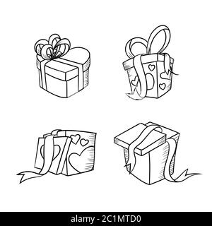 Handzeichnung Symbol aus einer Geschenkbox. Geschenkkollektion mit Bordüren im Cartoon-Stil in Schwarz und Weiß. Geschenkbox mit grafischer Ressource. Stock Vektor