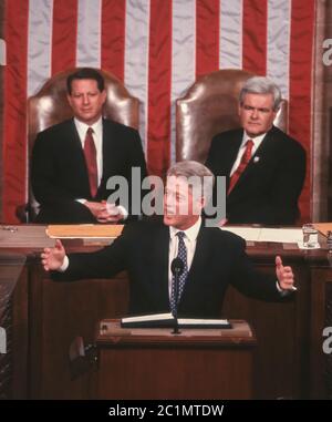 WASHINGTON, DC, USA, 4. FEBRUAR 1997: Präsident Bill Clinton, Rede zur Lage der Union vor der gemeinsamen Sitzung des Kongresses. Stockfoto