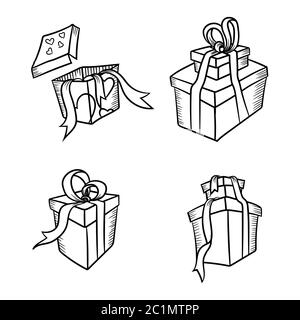 Handzeichnung Symbol aus einer Geschenkbox. Geschenkkollektion mit Bordüren im Cartoon-Stil in Schwarz und Weiß. Geschenkbox mit grafischer Ressource. Stock Vektor