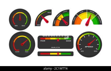 Einfaches, minimalistisches, flaches Messgerät für dunkle Modi. Abbildung des Internet-Geschwindigkeit Qualitätsmessers. Anzeige für mehrfarbige Geschwindigkeitsanzeige Stock Vektor