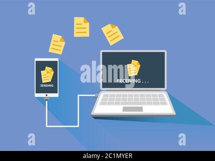Flache Vektordarstellung des Sendens von Dateien von Smartphones zu Laptop-Geräten für Büro- und Geschäftszwecke über Kabel und Kabel. Stock Vektor