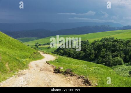 Eine Landstraße zwischen den Hügeln mit Bäumen an den Rändern und Gewitterwolken im Sommer Stockfoto