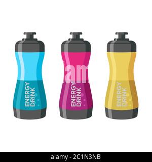 Flaches Design-Konzept für Energy-Drink-Flaschen für sportliche Aktivitäten. Professionelles Produktdesign für Modellbeispiele von Sportflaschen-Verpackungen Stock Vektor