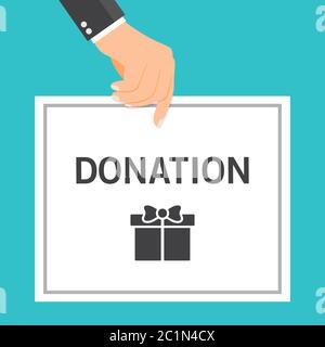 Vektor-Illustration eines Geschäftsmannes mit einer Spendenkarte. Geeignet für Wohltätigkeitskampagnen, soziale Spenden und Fürsorge für die Menschheit Stock Vektor
