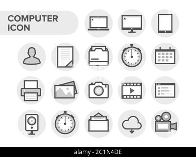 Einfache minimalistische Computer Icon Set. Benachrichtigungssymbol für Computergerätesymbole. Professionelle Technik Zeichen Grafik-Element in abgerundetem Hintergrund. Stock Vektor