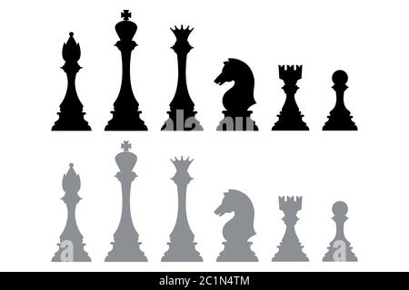 Silhouette-Symbole aus Schachfiguren, wie Könige, Bischöfe, Königinnen, Ritter, Saatkrähen und Bauern. Elementvektor von Schachspielen. Stock Vektor