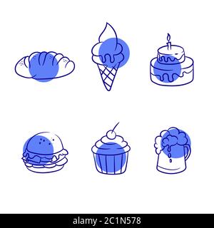 Handgezeichnete Ikone von Speisen und Getränken wie Eis, Cupcake und Burger. Einfaches Symbol für Lebensmittel mit festem Hintergrund. Icon-Set für Snacks und Softdrinks Stock Vektor