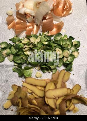 Gereinigter Rosenkohl, Brüsseler Rosenkohl, Zwiebel und Kartoffeln in einer Schüssel geschält und zusätzlich die Abfälle der Schalen Stockfoto