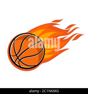 Illustration eines schnell bewegenden brennenden Basketballballs. Ikone eines Basketballballs mit Flammen und dem Eindruck von Geschwindigkeit. Stock Vektor