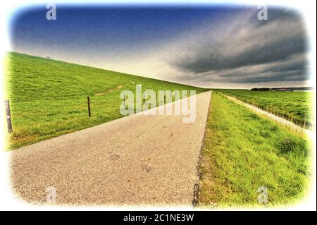 Straße entlang des schützenden Damm und Kanal Stockfoto