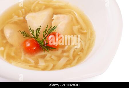 Suppe hausgemachte Nudeln mit einem Huhn aus nächster Nähe Stockfoto