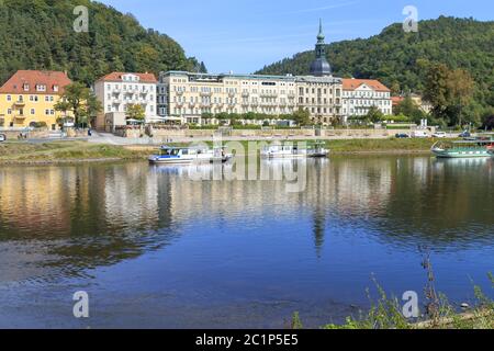 Bad Schandau mit Elbufer, Sächsische Schweiz, Sachsen, September Stockfoto