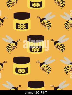 Bienen und Honig. Gelbes Nahtloses Muster. Design für Postkarten, Drucke, Kleidung. Stock Vektor